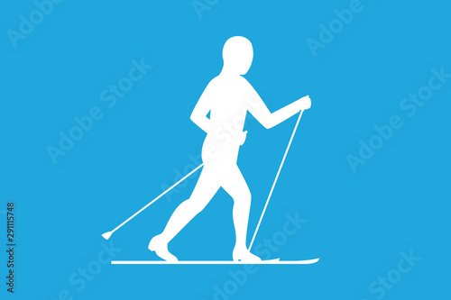 Ski running. Skier silhouette on blue background. Vector illustration.
