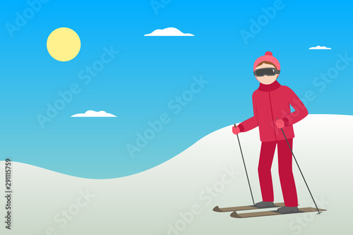 Downhill skiing. Winter sports. Vector illustration.