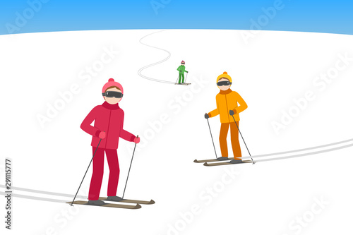 Alpine skiing. Descent from mountain. Vector illustration.