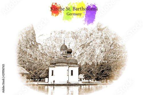 Church St. Bartholoma. Berchtesgaden, Bavaria - Vintage travel sketch. photo