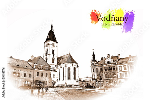 Center of Vodnany. Czech republic - Vintage travel sketch.