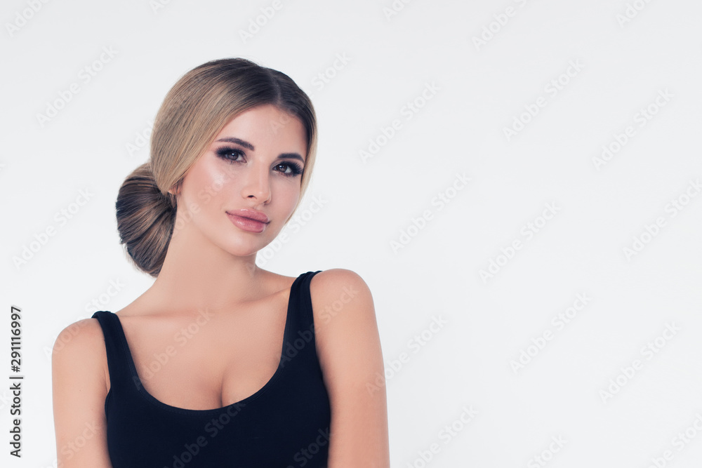 Portrait of beautiful pretty woman on white banner background. Blonde hair and makeup Portrait of beautiful pretty woman on white banner background. Blonde hair and makeup