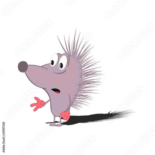 a little cartoon hedgehog is standing and looking bewildered and surprised. Isolated on a white background.