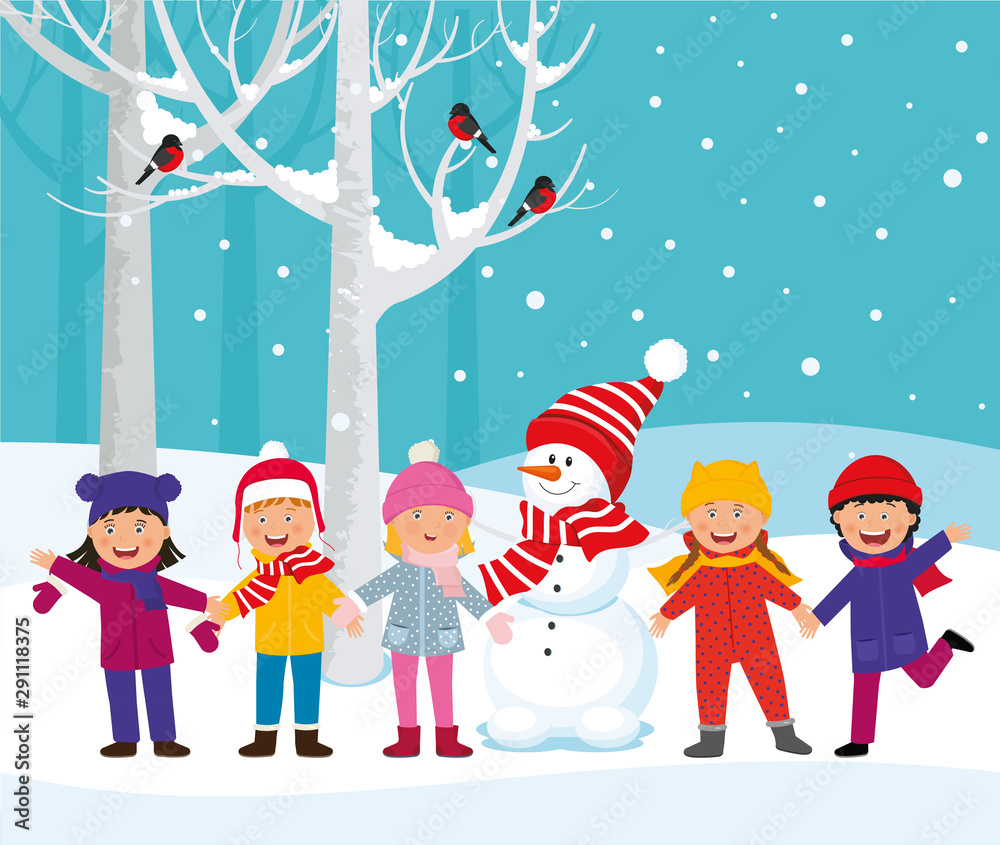 Cheerful children play outside in the winter.