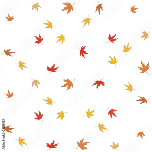 Doodle hand drawing. Seamless pattern falling maple leaves on white background. Orange, red and yellow. Autumn season. Can be use for fabric, print, paper, wrapping or any card.