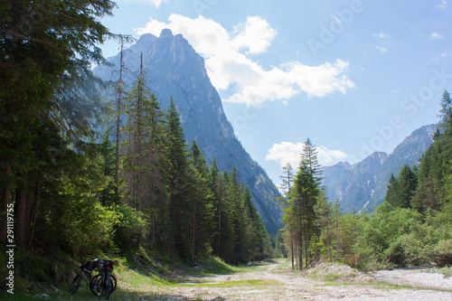 Dolomites Italien Mountain and green forest and blue sky