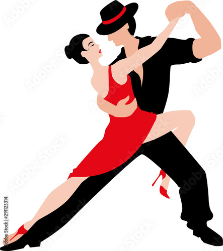 Beautiful couple dancing tango. A woman in a red dress and a man in a black suit and hat. 