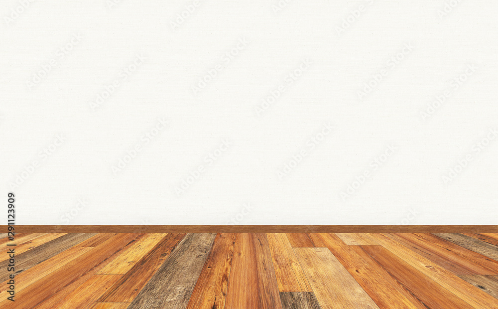 Empty living room with wooden parquet floor and white beige vinyl wallpaper on the wall. 3D rendering illustration for design interior. Empty living room with wooden parquet floor and white beige vinyl wallpaper on the wall. 3D rendering illustration for design interior.