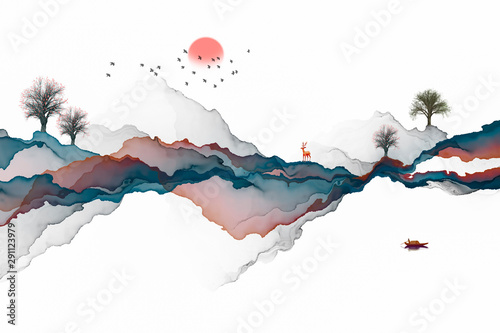 Fototapeta Naklejka Na Ścianę i Meble -  abstract background ink line decoration painting landscape artistic conception