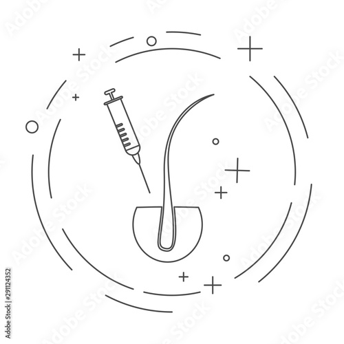 Platelet rich plasma linear poster with a syringe and a follicle symbols for hair loss treatment.  PRP stem cells regenerative medicine and beauty concept. Vector illustration in line style.
