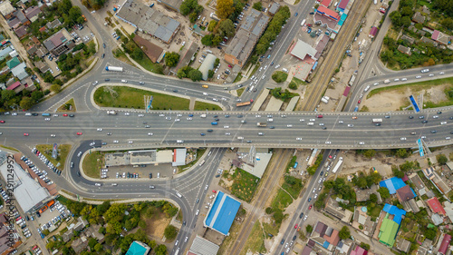 Drones Eye View - abstract road traffic jam top view, transportation concept