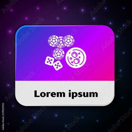 White Casino chips, game dice and glass of whiskey with ice cubes icon isolated on black background. Casino poker. Rectangle color button. Vector Illustration