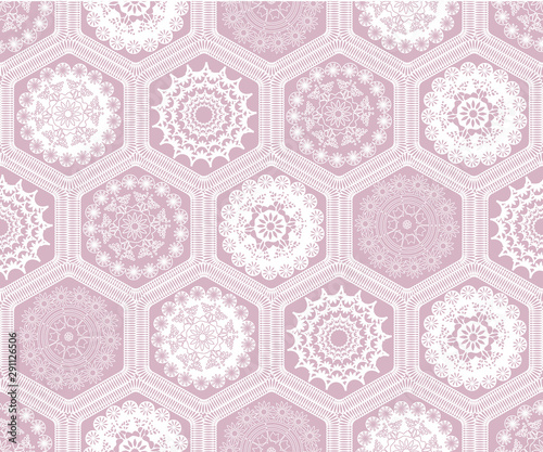 Decorated hexagon doily crochet patchwork seamless pattern background design. Embroidery style vector illustration.