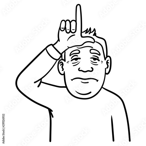 hand-drawn outline character of a man who looks sad, makes an L with his hand and holds it to his forehead. loser, monochrome, comic, upper body.
