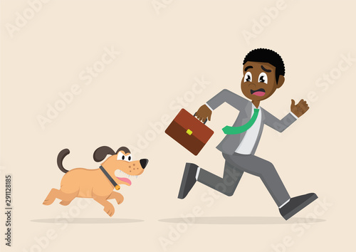 African businessman running away from Dogs chases to bite.