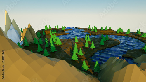 Three-dimensional low poly landscape with cliffs and a river. 3d rendering illustration