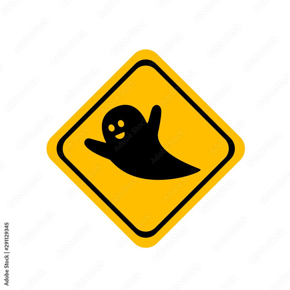 Icono plano fantasma volador en señal de trafico color amarillo Icono plano fantasma volador en señal de trafico color amarillo