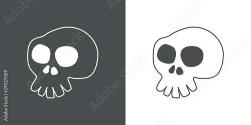 Icono plano lineal calavera en gris y blanco