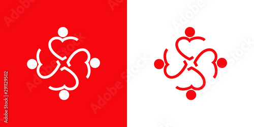 Logotipo con 4 corazones lineales como personas abrazadas en rojo y blanco