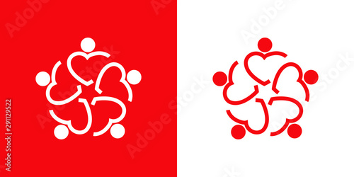Logotipo con 5 corazones lineales como personas abrazadas en rojo y blanco