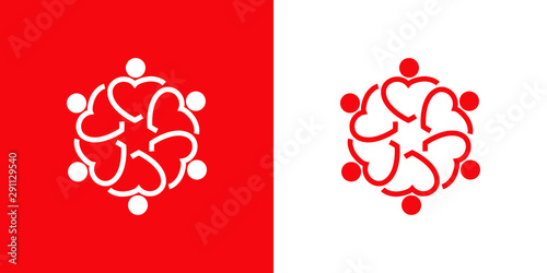 Logotipo con 6 corazones lineales como personas abrazadas en rojo y blanco