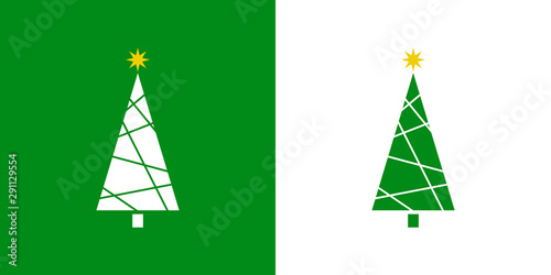 Logotipo con árbol de navidad abstracto triangular con estrella y líneas en verde y blanco