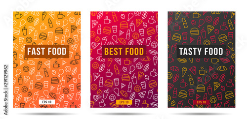 Set of brochure cover with fast food and drinks pattern in three options