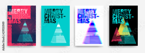 Set of cards with text Merry Christmas. Artistic and unusual Christmas tree design with bright colors.