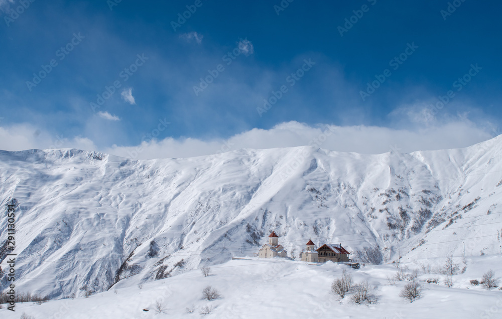 Gorgeous mountain scenery in winter in Georgia. Snow, winter, mountains,.