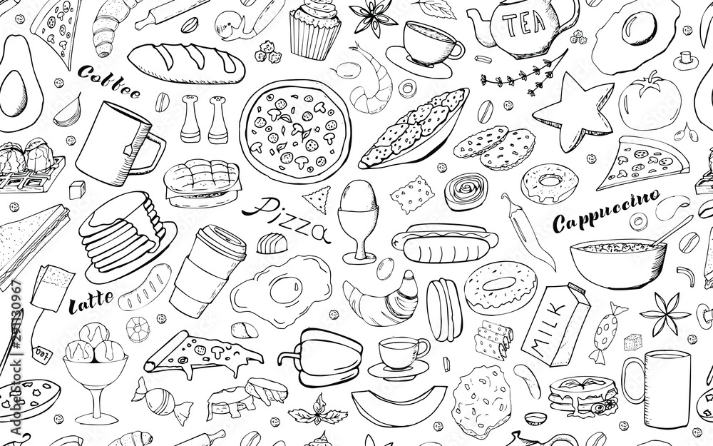 Vector background with breakfast, lunch, coffee, pizza, snacks. Useful for packaging, menu design and interior decoration. Hand drawn doodles.  Seamless pattern of food elements on white background.
