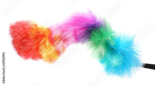 Soft colorful duster with plastic handle on white background