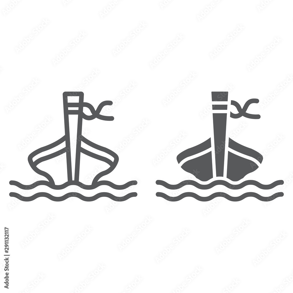 Long tail boat line and glyph icon, sheep and sea, tai boat sign, vector graphics, a linear pattern on a white background. Long tail boat line and glyph icon, sheep and sea, tai boat sign, vector graphics, a linear pattern on a white background.