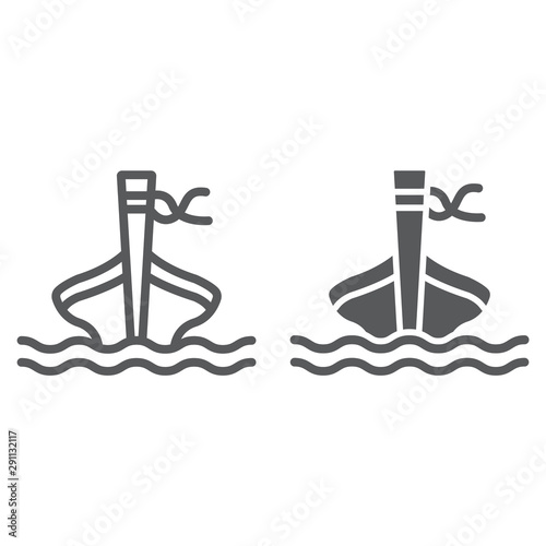 Long tail boat line and glyph icon, sheep and sea, tai boat sign, vector graphics, a linear pattern on a white background.