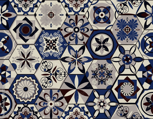Seamless colorful patchwork tile with motifs of Islam, Arab, Indian, Ottoman Empire. Majolica ceramics. Portuguese and Spanish decor. Hexagonal ceramic tiles. Vector illustration