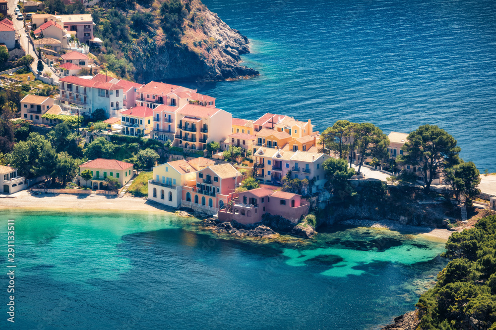 Aerial view of the Asos village from the Venetian Castle Ruins. Sunny spring seascape of Ionian Sea. Splendid outdoor scene of Kefalonia island, Greece, Europe. Traveling concept background.
