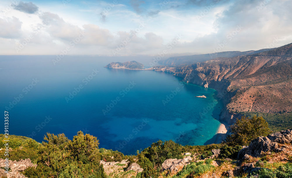 Aerial spring view of Asos peninsula and town. Breathtaking morning seascape of Ionian Sea. Gorgeous outdoor scene of Kephalonia island, Greece, Europe. Traveling concept background.