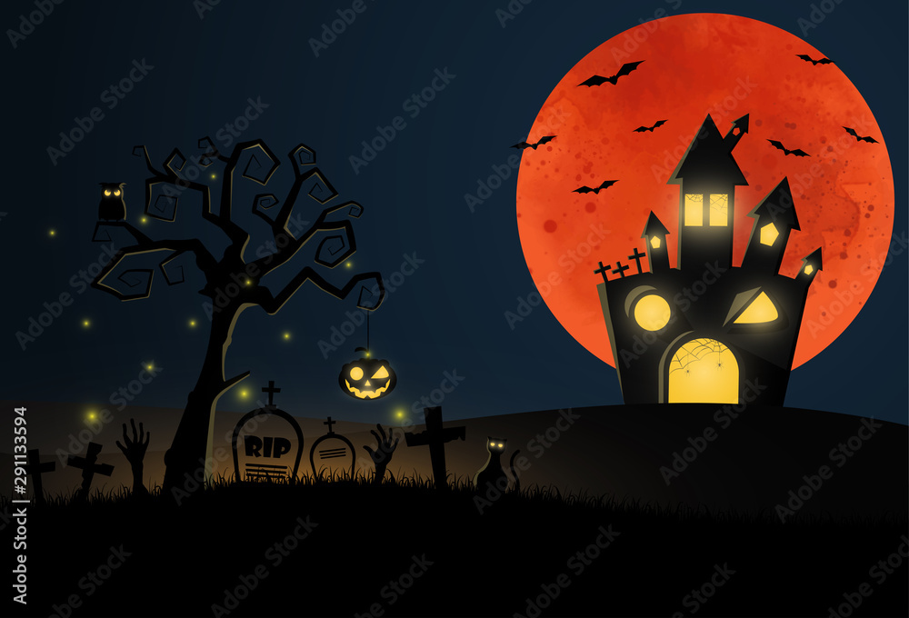 flat design Halloween background with graveyard and house. Vector, illustration.