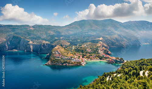 Aerial view of the Asos village from the Venetian Castle Ruins. Awesome spring seascape of Ionian Sea. Stunning outdoor scene of Kefalonia island, Greece, Europe.