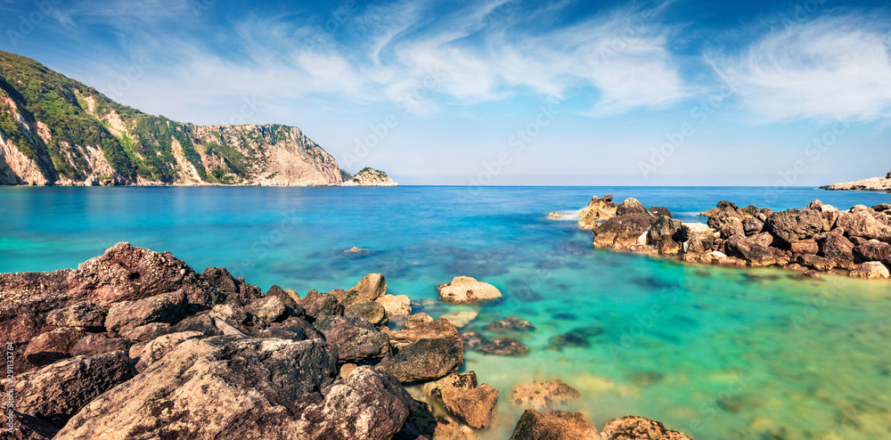Scenic spring view of Petani Beach. Splendid morning scene of Cephalonia Island, Greece, Europe. Amazing seascape of Mediterranen Sea. Stunning outdoor scene of Ionian Islands. Scenic spring view of Petani Beach. Splendid morning scene of Cephalonia Island, Greece, Europe. Amazing seascape of Mediterranen Sea. Stunning outdoor scene of Ionian Islands.