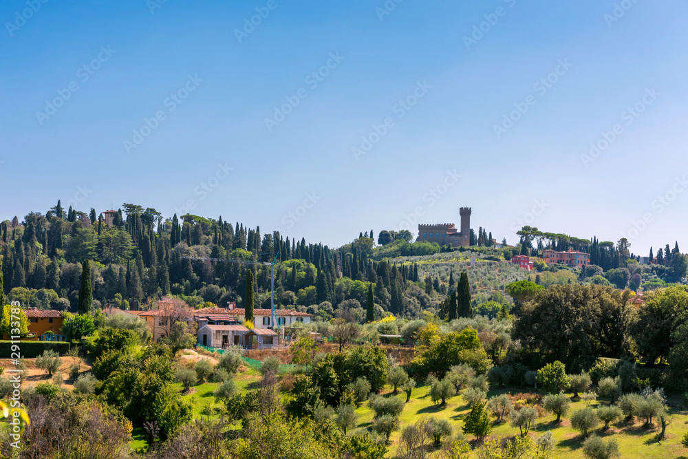 Panoramic view from the Boboli Gardens to the hills of Florence. Tuscany, Italy.