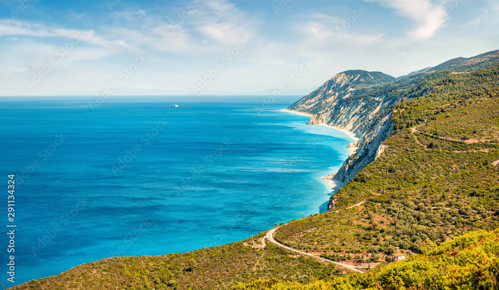 Aerial spring view of Egremni Beach. Colorful morning seascape of Ionian sea. Gorgeous outdoor scene of Lefkada Island, Greece, Europe. Beauty of nature concept background.