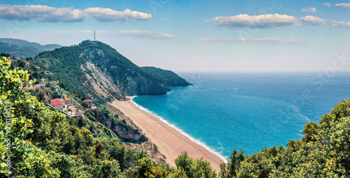 Picturesque spring view of Milos Beach. Panoramic morning seascape of Ionian sea. Aerial outdoor scene of Lefkada Island, Greece, Europe. Beauty of nature concept background.