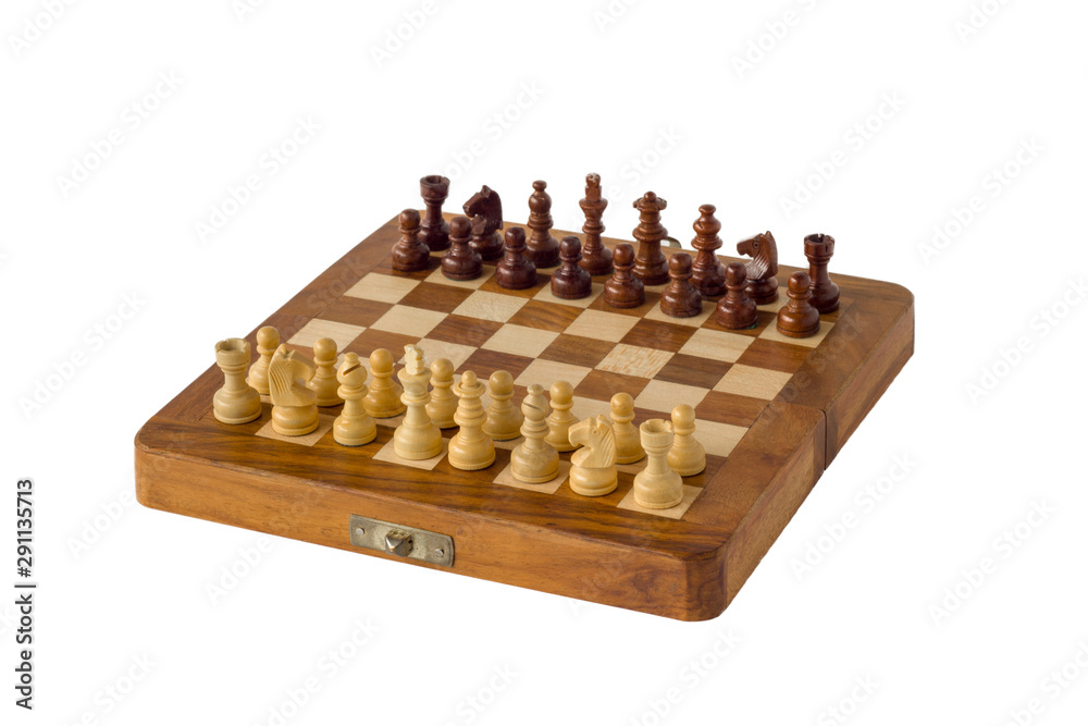 chess pieces stand on a wooden board close-up isolated on a white background chess pieces stand on a wooden board close-up isolated on a white background