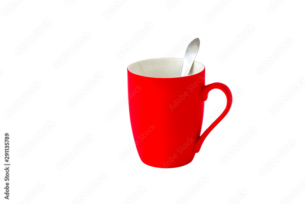 empty red porcelain mug with handle and spoon close-up isolated on white background empty red porcelain mug with handle and spoon close-up isolated on white background