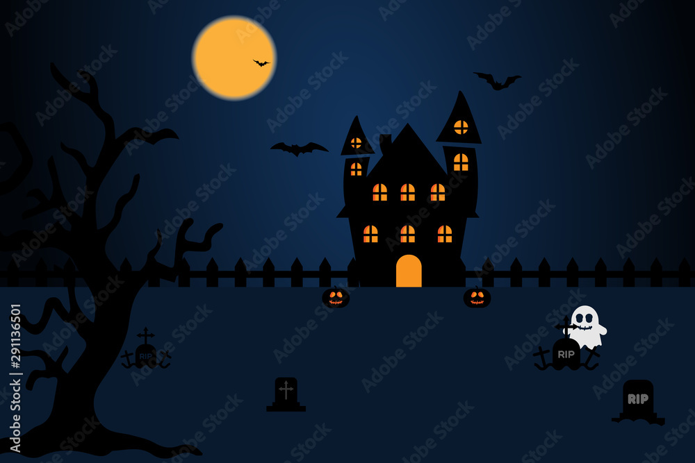 Illustration A Haunted house at graveyard on full moon, surround by bats and ghost