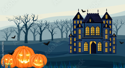 Halloween dark color castle with yellow lights in morning forest vector. Pump...