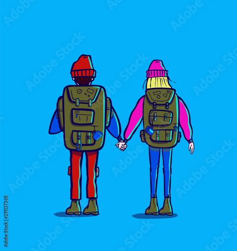 couple holding hands with hiking backpacks isolated © Shamanska Kate