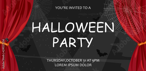 Halloween party invitation with bats and spider web. Background vector. Flat ...
