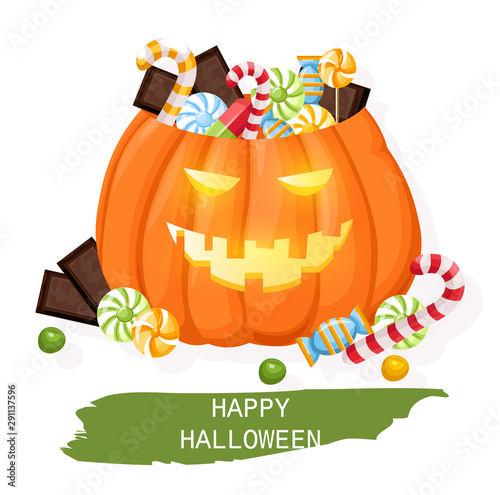 Happy halloween pumpkin full of candy and chocolate. Trick or treat idea. Fla...