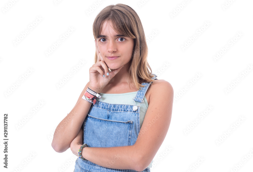Cheerful young woman looking at camera over white background Cheerful young woman looking at camera over white background